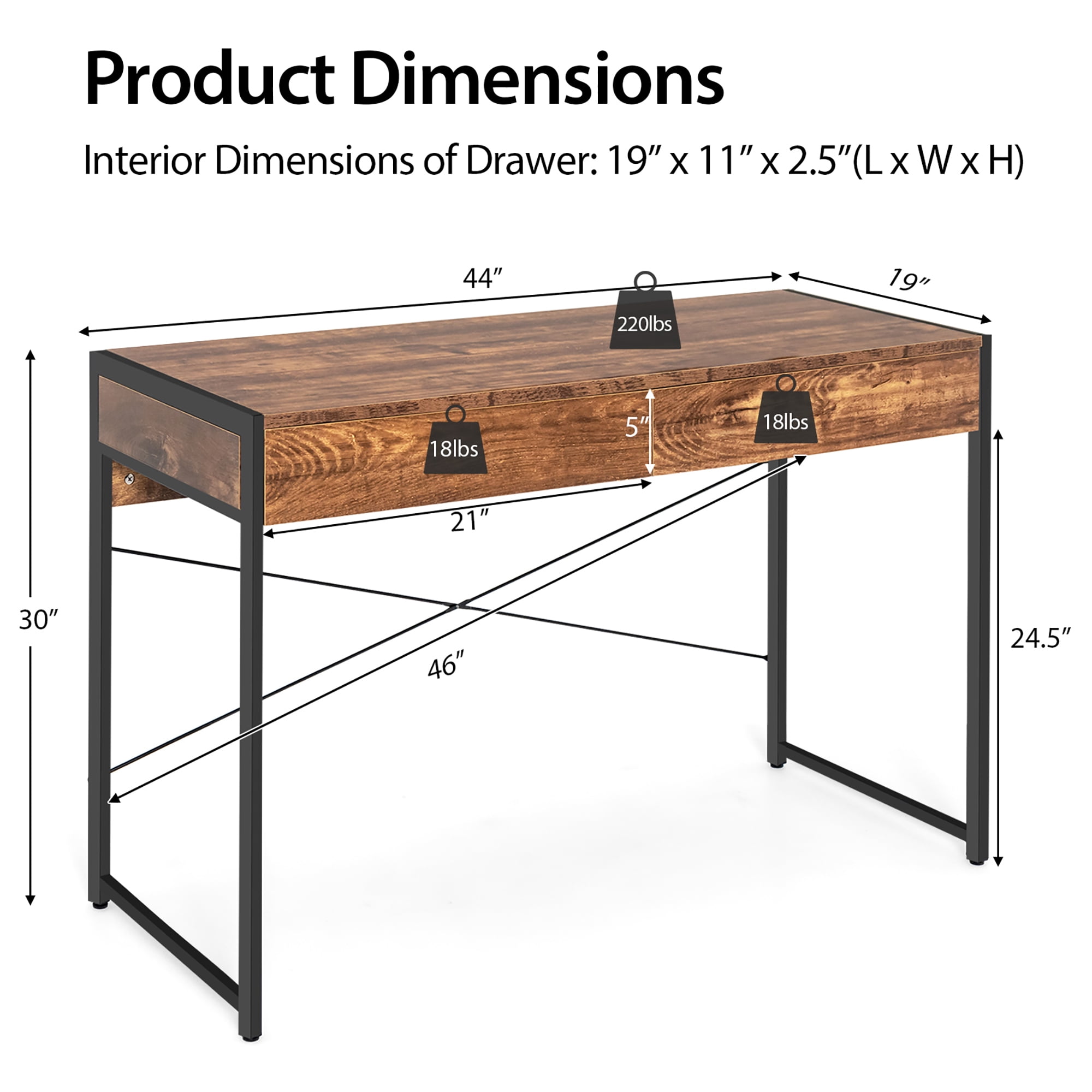 Costway Computer Desk Metal Frame Study Table Home Office Workstation w/2 Drawers Rustic
