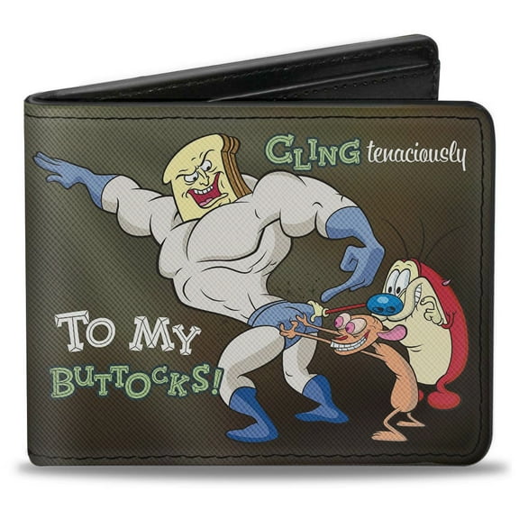Nickelodeon Wallet, Bifold, Ren and Stimpy Powdered Toastman Cling Tenaciously Quote, Vegan Leather