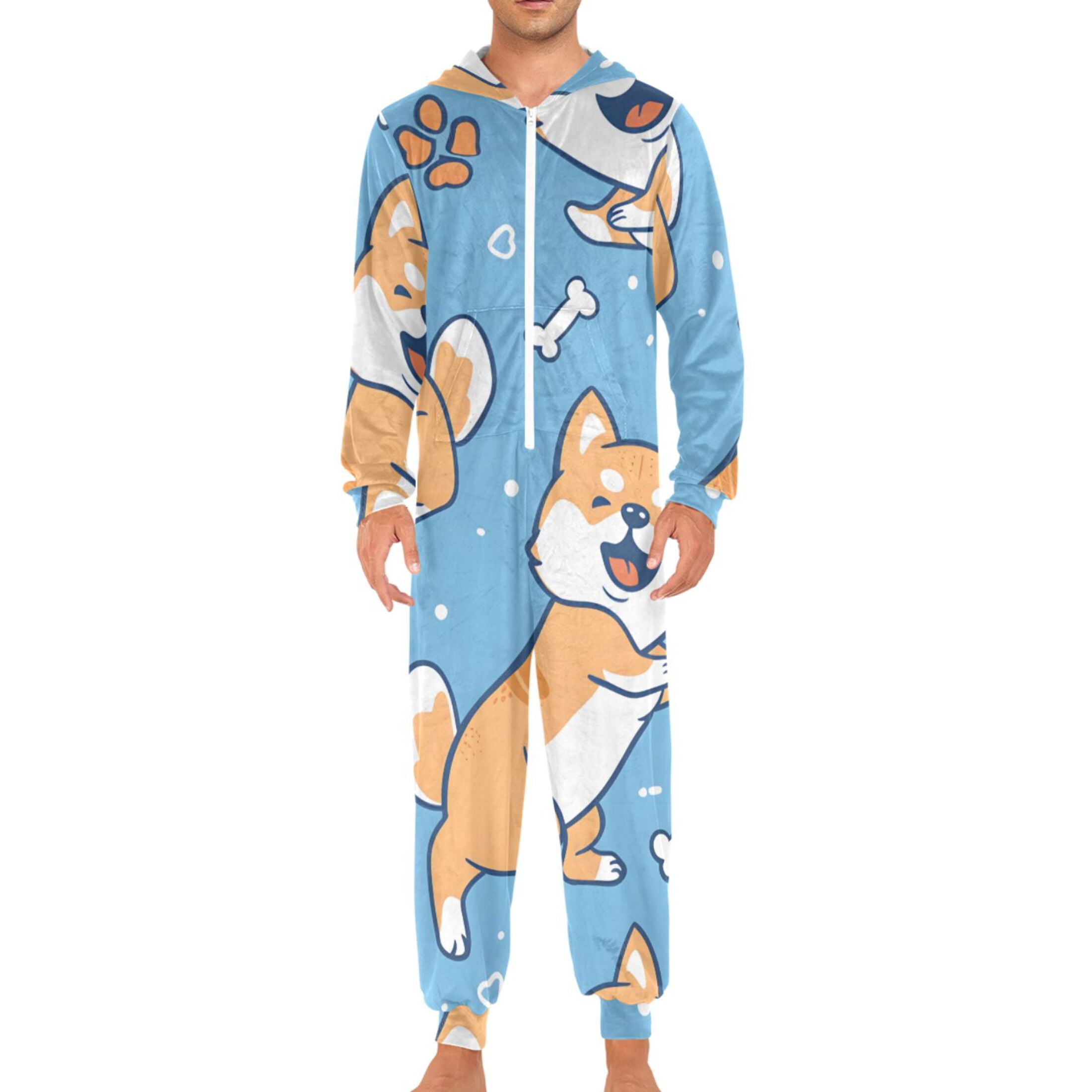Cartoon Dogs Paws Bones Hearts Adult's Hoodie Onesie Jumpsuit One-Piece Pajamas with Zipper Unisex for Holiday M