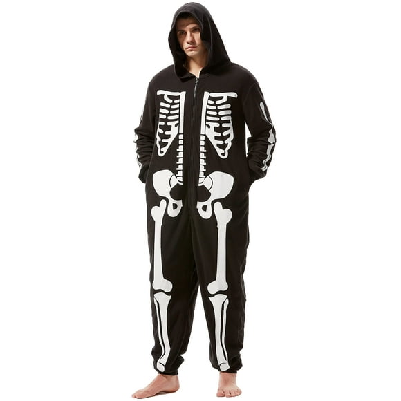Padama Adult Men's Skeleton Halloween Costume - Unisex Skeleton jumpsuit Plush Pajamas Onesie, Cozy Halloween Adult One Piece Cosplay Skeleton Costumes for Men XXL