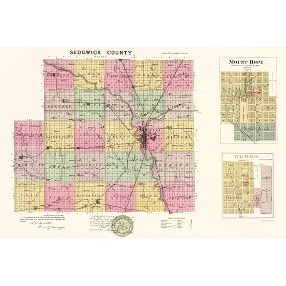 Historic County Map - Sedgwick County Kansas - Everts 1887 - 23 x 34.23 - Vintage Wall Art
