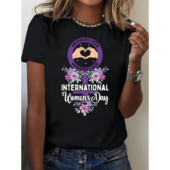International Women's Day T-Shirt Inspire Inclusion Graphic Tee Floral Heart Hands Empowerment Feminist Apparel Retro Black Top