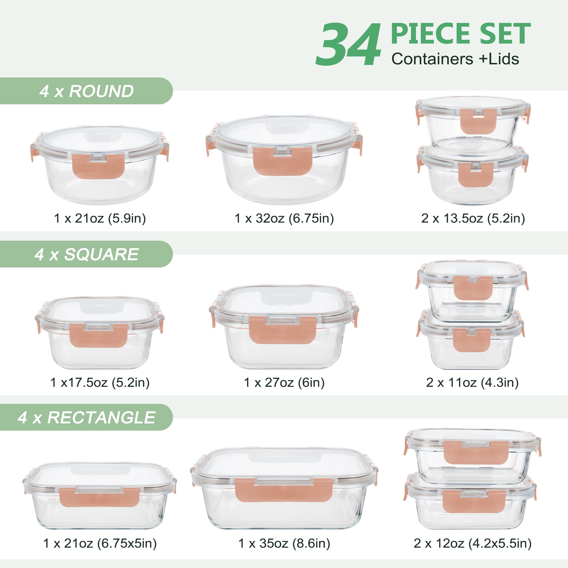 GPED 34-Piece Glass Food Storage Container Set, Glass Meal Prep Containers with Snap-Locking Lids, Glass Lunch Box, Airtight Bento Box, for Microwave, Oven, Freezer, and Dishwasher Safe, Pink