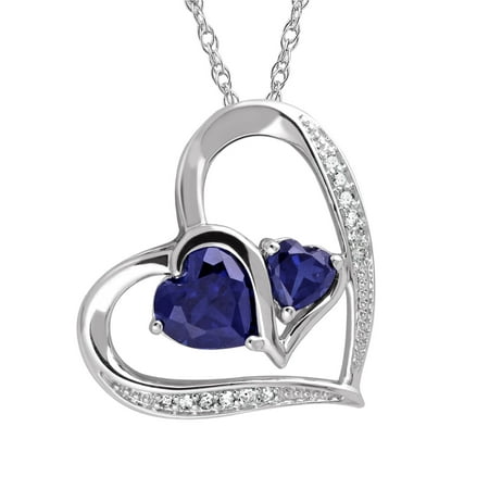 Heart 2 Heart, Accent Diamond and Created Blue Sapphire Sterling Silver Pendant with Chain, 20