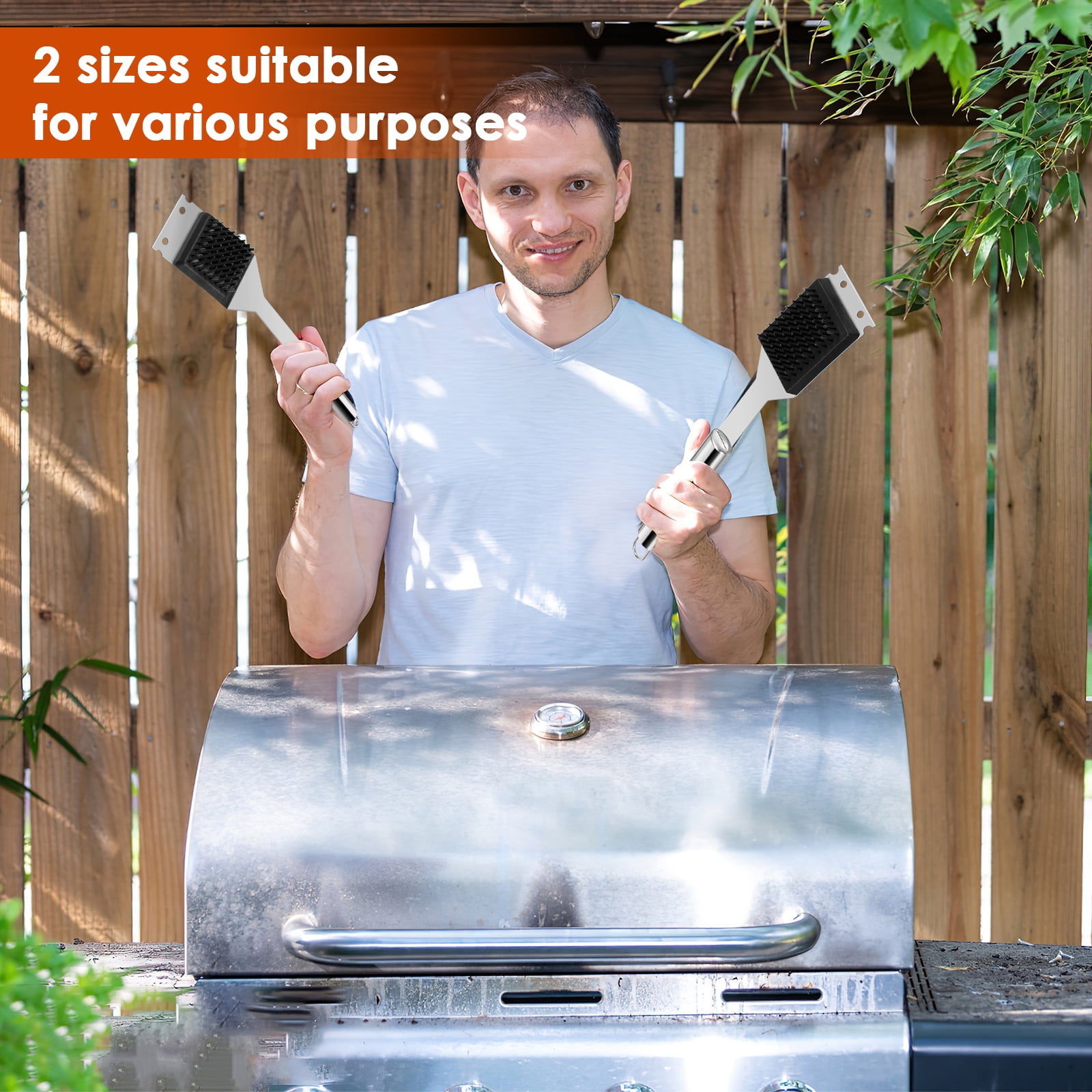 Vensio -2 Pack Heavy Duty Stainless Steel BBQ Grill Brush and Scraper Set, Professional Grill Cleaner with Ergonomic Long Handle for Gas Charcoal and Pellet Grills, BBQ Tools