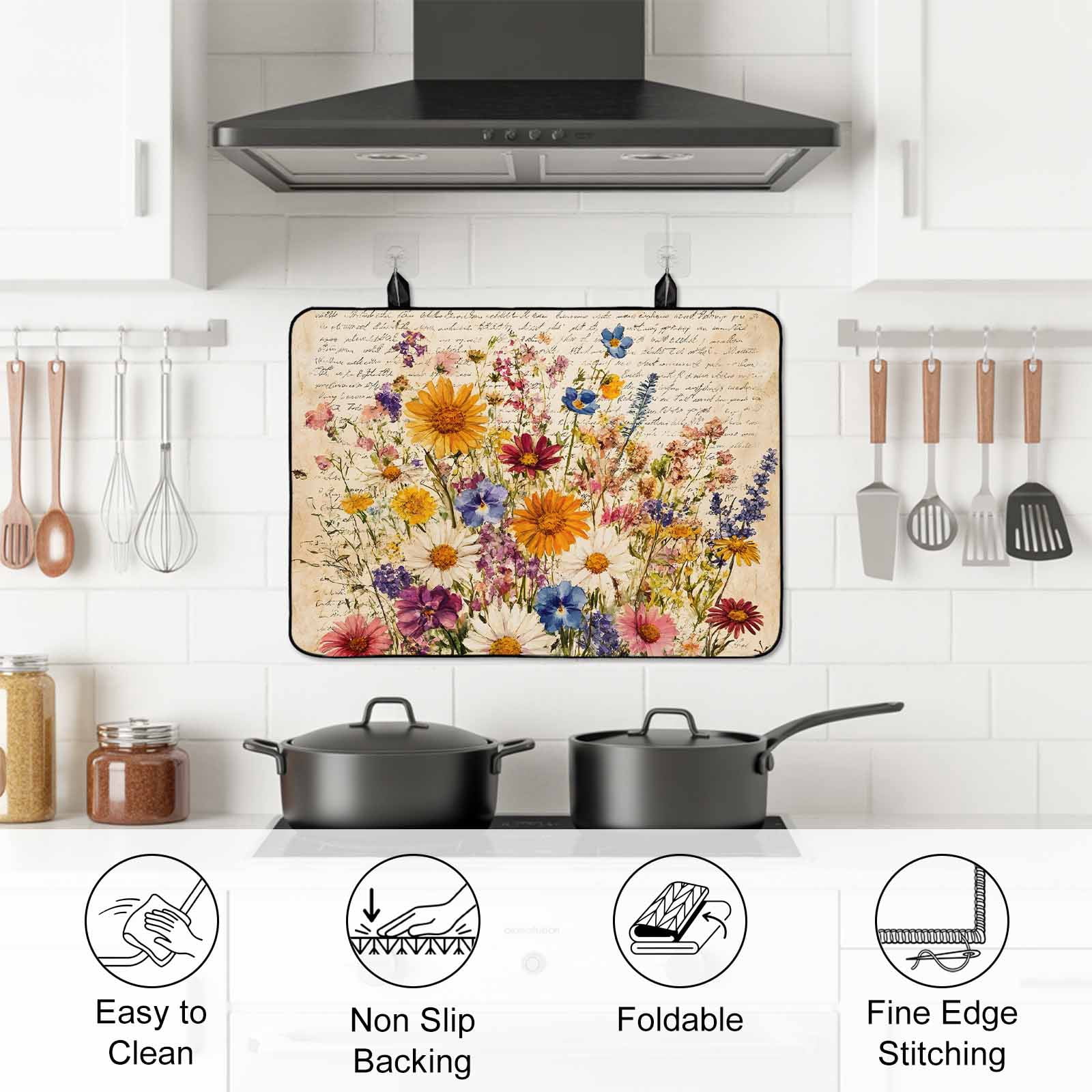 Spring Floral Stove Top Cover for Electric Stove, Heat-proof & Non Slip Glass Top Stove Cover Protector, Vintage Summer Botanical Flowers Kitchen Flat Cooktop Rubber Mat 24x21 Inches