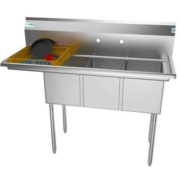 KoolMore 51 in. Three Compartment Stainless Steel Commercial Sink with Drainboard, Bowl Size 12"x 16"x 10"