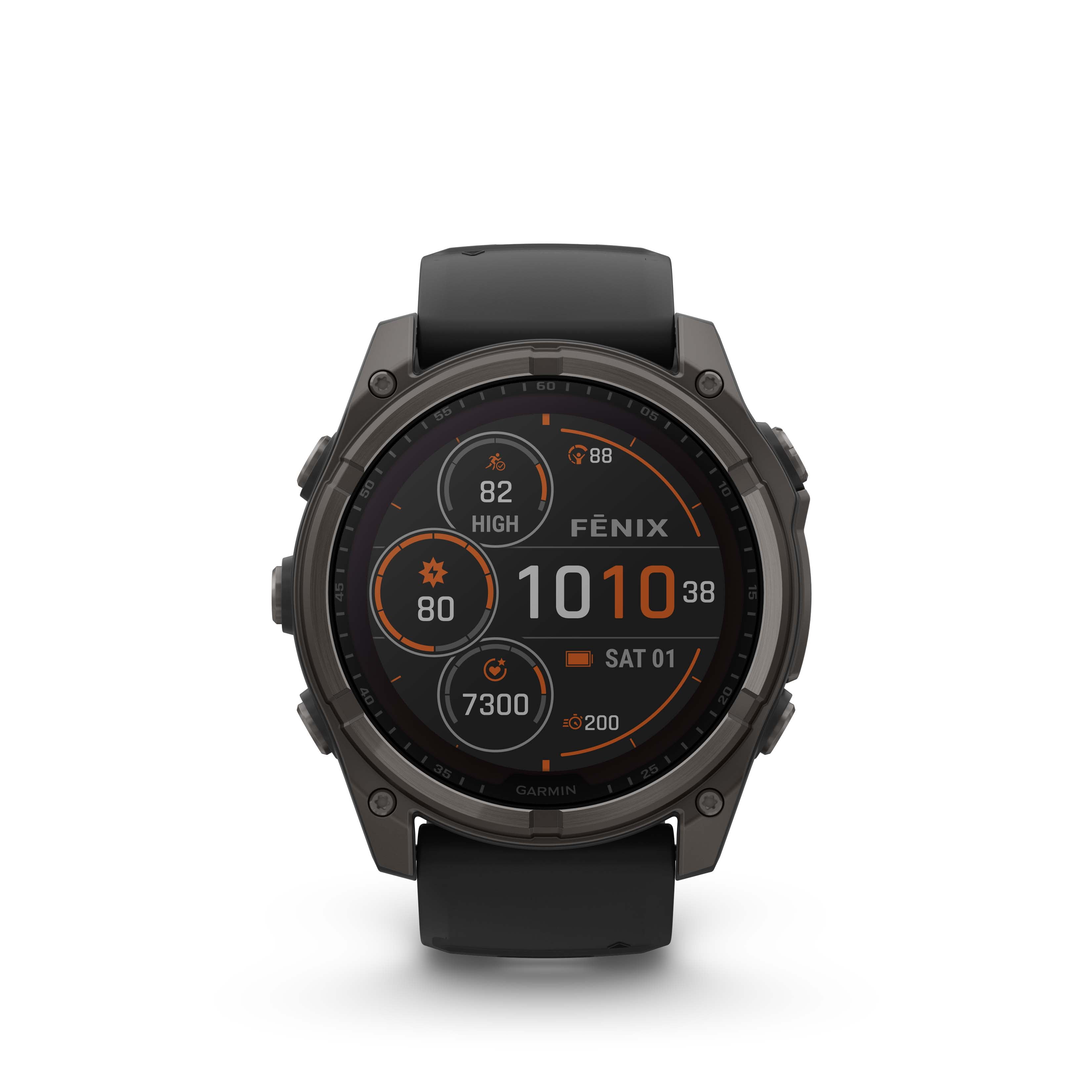 Garmin Fenix 8 51MM Solar Sapphire Multisport GPS Smartwatch Carbon Gray DLC Titanium with Black Gray Silicone Band, Built-in LED Flashlight, Health & Fitness Smart Watch Bundle for Men & Women