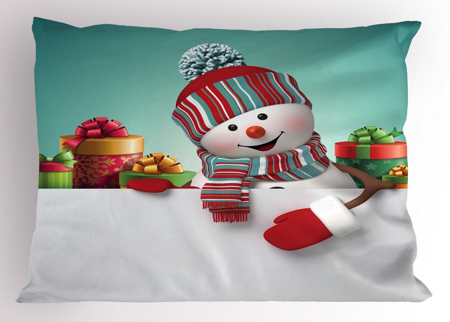 Christmas Pillow Sham Three Dimensional Snowman Design with Scarf and