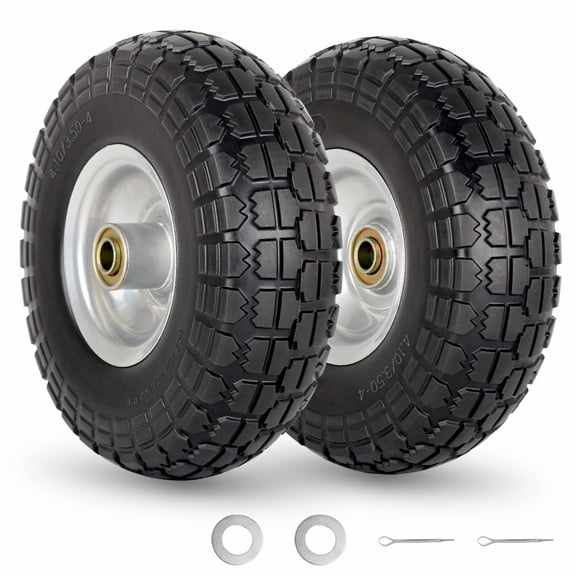 GICOOL 4.10/3.50-4" Flat Free Tire and Wheel, 10" Heavy Duty Solid Tire, 5/8" Axle Bore Hole, 2.2" Offset Hub, for Hand Truck Garden Cart Wagon Trolley Dolly Replacement, 2 Pack