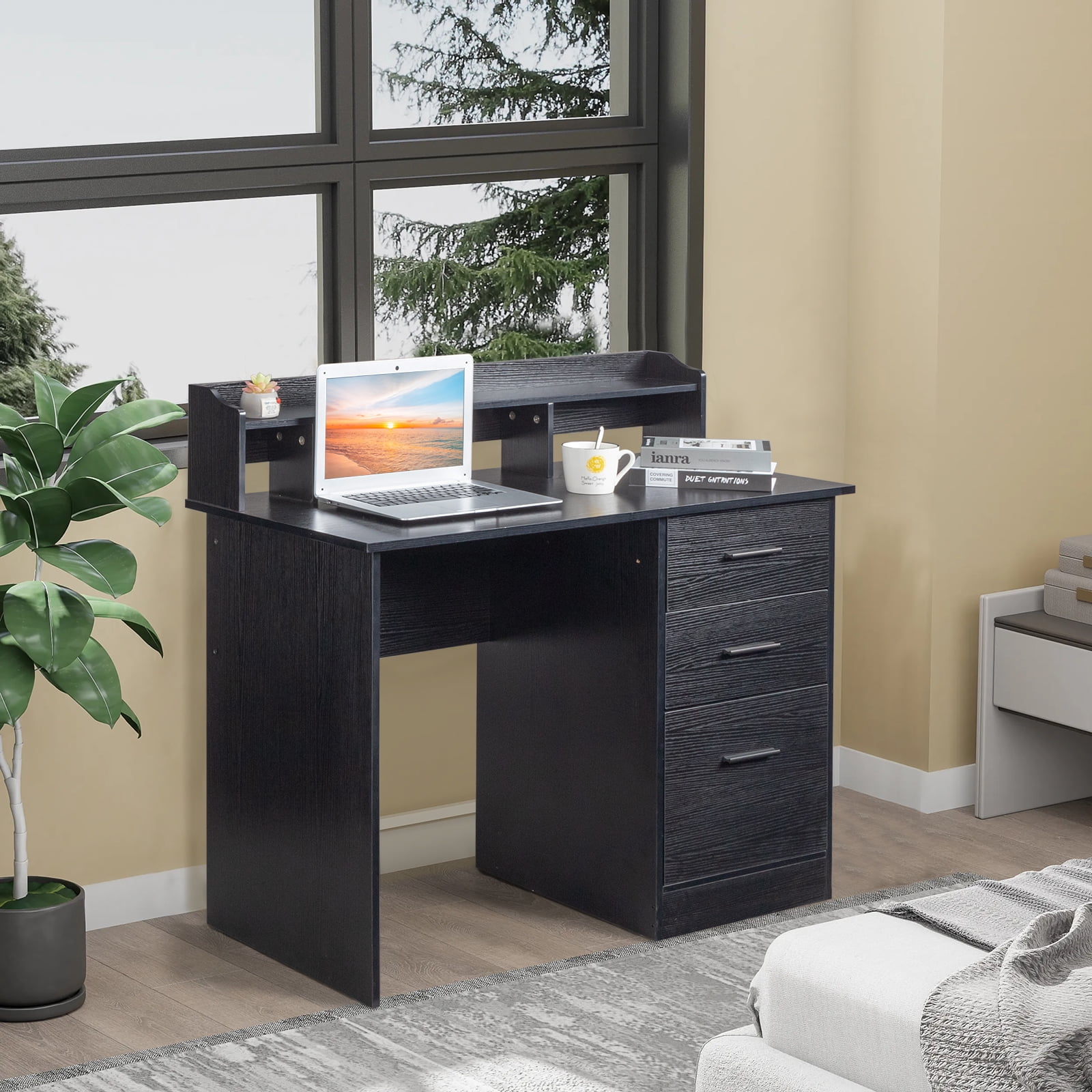 Ktaxon Wood Computer Desk Office Laptop PC Work Table, Writing Desk with 3 Drawers File Cabinet for Letter Size,Black