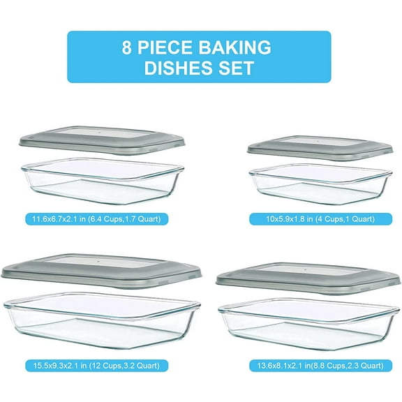 8 Pieces Glass Baking Dish with Lids, Rectangular Bakeware Set for Lasagna, Leftovers, Kitchen, Fridge-to-Oven, Gray
