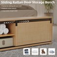 thumbnail image 6 of Studyset Natural Rattan King Size Bed Frame with Sliding Barn Door Storage Cabinets and Headboard, Boho Farmhouse Wood Platform Bed with Solid Wood Legs Support, No Box Spring Needed, 6 of 8