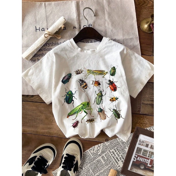 Young Boy Casual Insect Graphic Round Neck Short Sleeve T-Shirt, Suitable For Summer, Cotton Blend