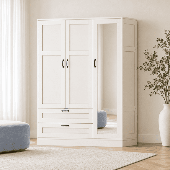 5-in-1 Wardrobe Closet with Full-Length Acrylic Mirror, 2 Drawers and Adjustable Shelves, Modern Style, Adult, White
