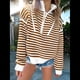 thumbnail image 4 of Suéter de Punto Acanalado de Larga con Media Cremallera A Rayas para Mujer, Tops Casuales, Cómodos y Ligeros, Moda de Otoño Marrón M, 4 of 8