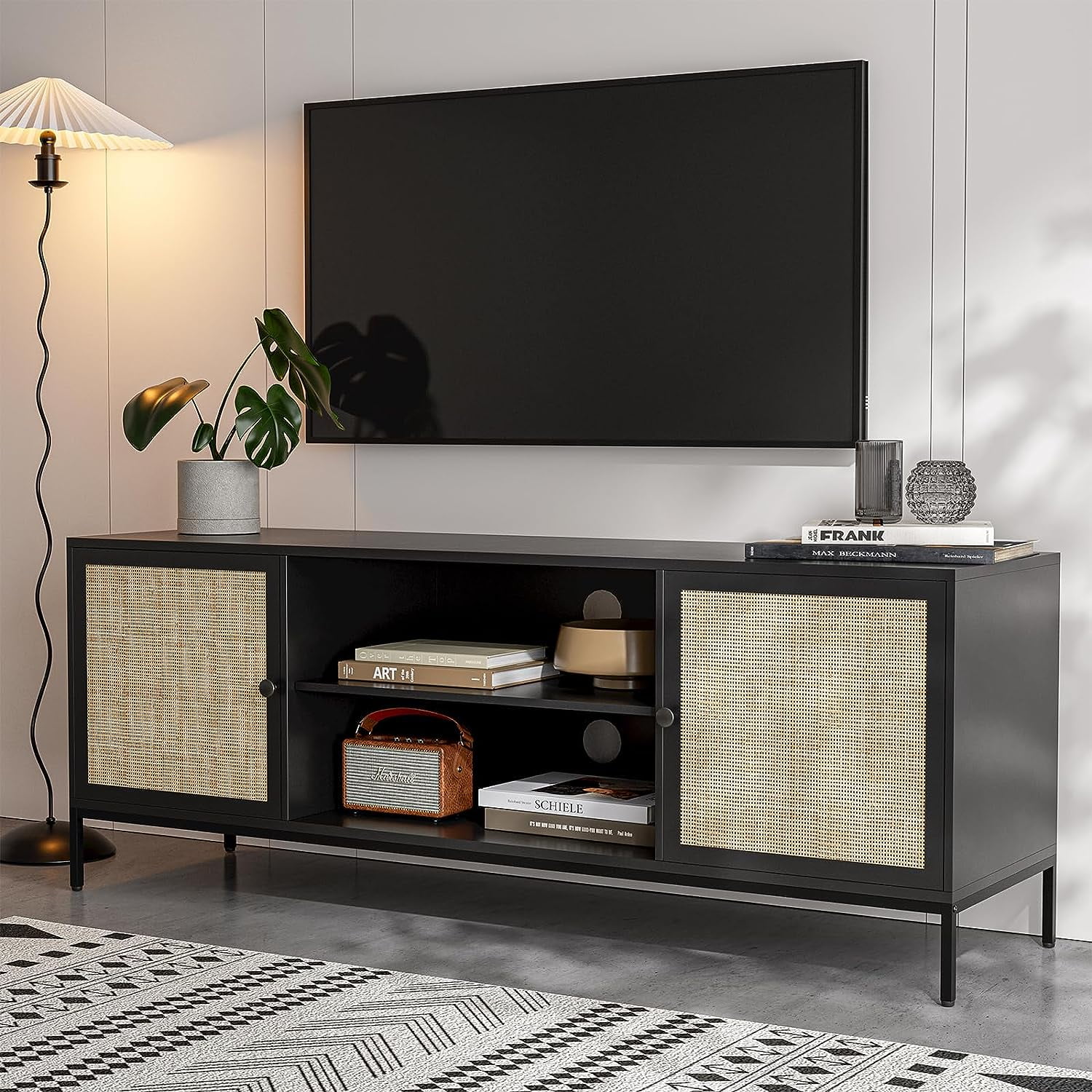 IKIFLY Modern Rattan TV Stand for 65 Inch TV Black Farmhouse