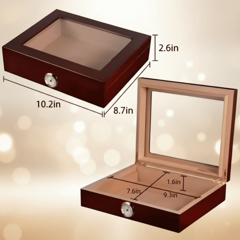 Cigar Box, Natural Hardwood, 10.2x8.7 inches, with Hygrometer and Humidor