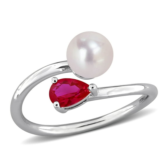 Everly Women's Cultured Freshwater Pearl and 5/8ct TGW Created Ruby Sterling Silver Open Ring