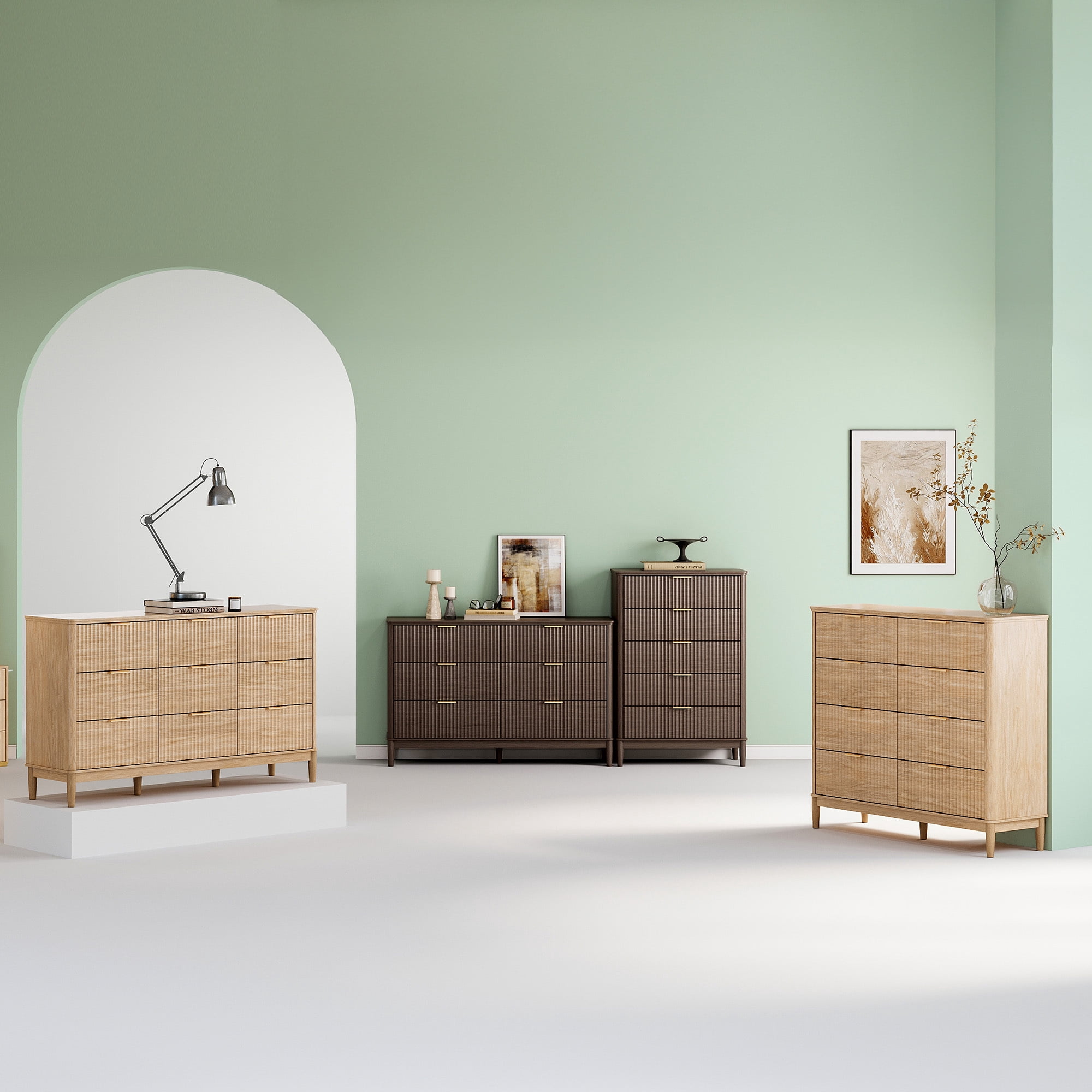 Linsy Home Oversized Fluted Dressers for Bedroom, Wide Chest of 9 Drawers, Dark Brown