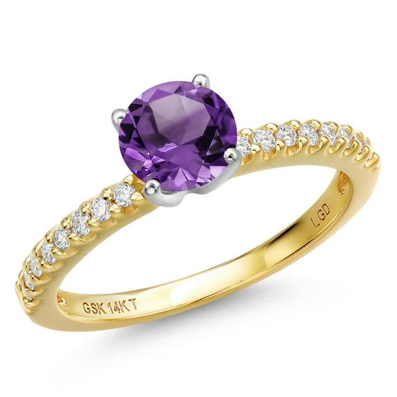 Gem Stone King 14K Two Tone Gold Purple Amethyst and Lab Grown Diamond Engagement Ring for Women | 1.16 Cttw | Round 6MM | Gemstone February Birthstone | Size 5