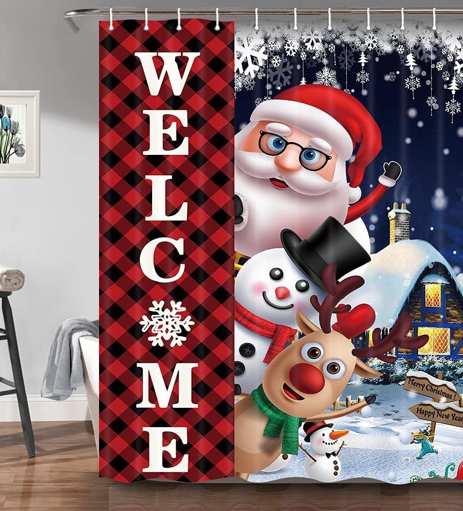 Sonernt Funny Christmas Stall Shower Curtain Santa with 12 Hooks Washable Polyester Fabric 72