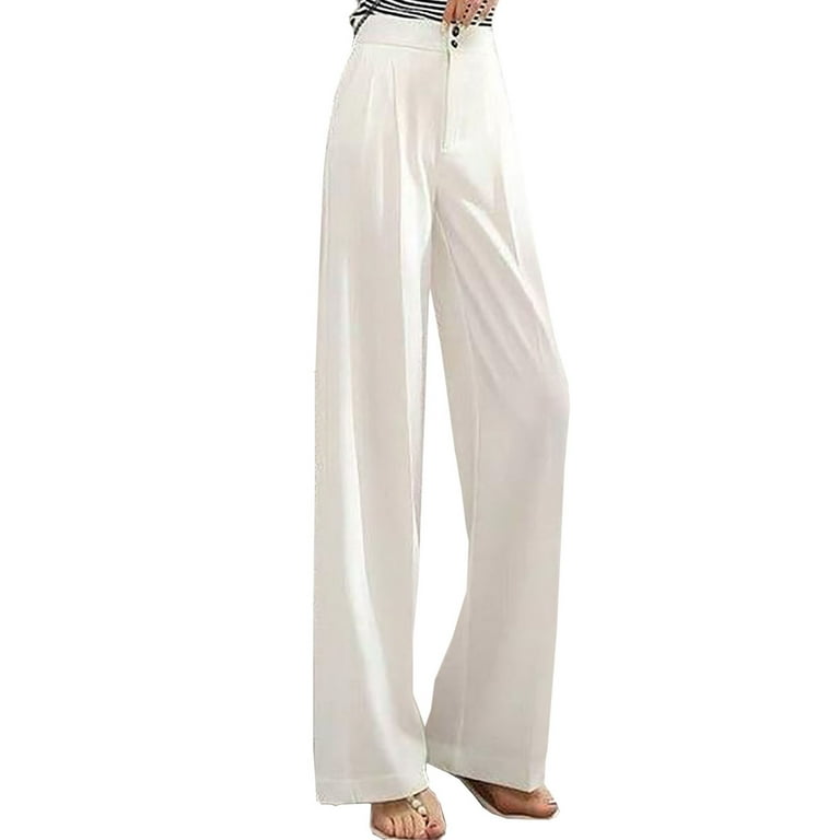 Reduce Price RYRJJ Women's Casual Wide Leg Pants High Waisted Button Down  Straight Trousers Business Work Long Dress Pants(White,S)