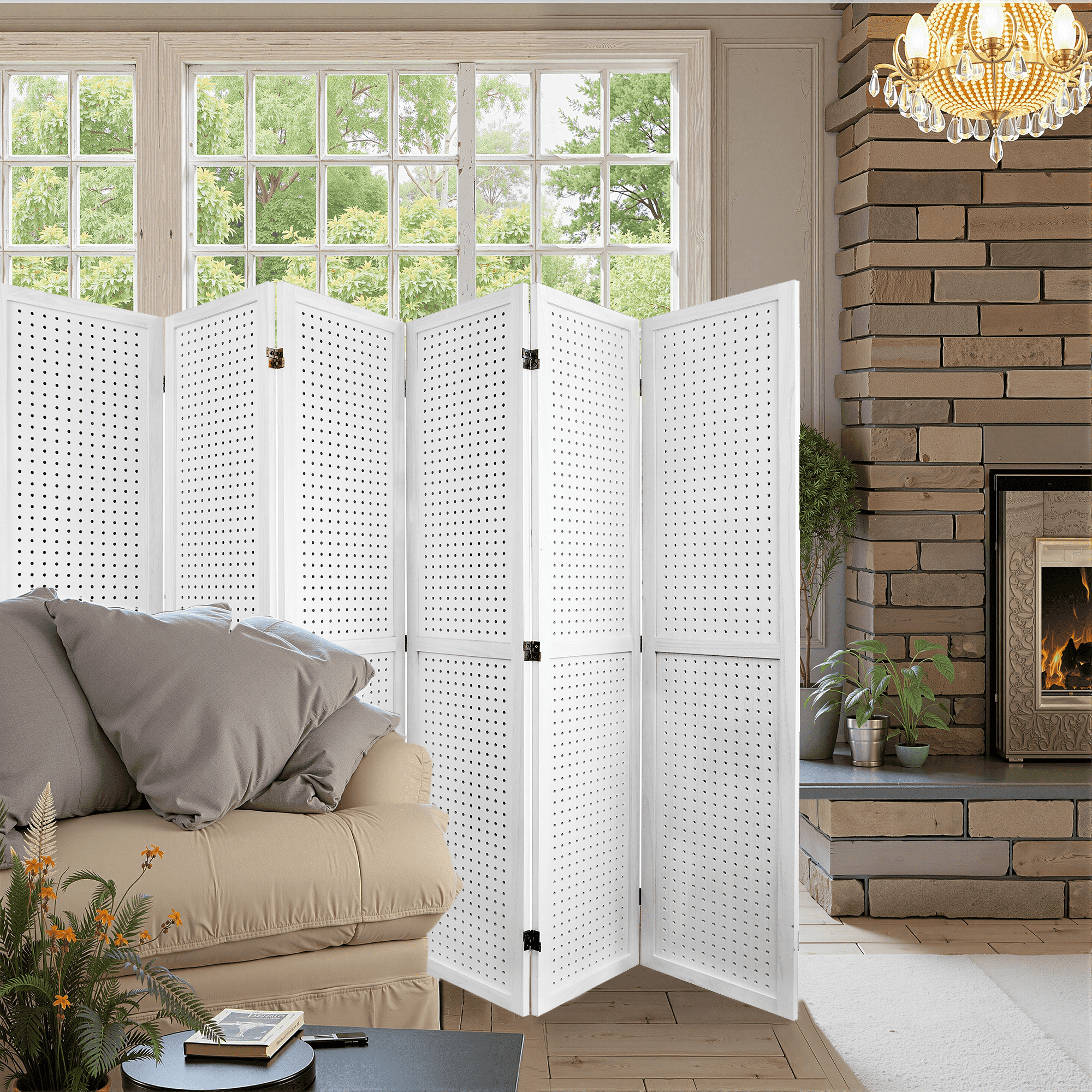 MAYEERTY 6 Panel Freestanding Room Divider, 5.6Ft Wooden Privacy Screen with Shelves, Elegant White