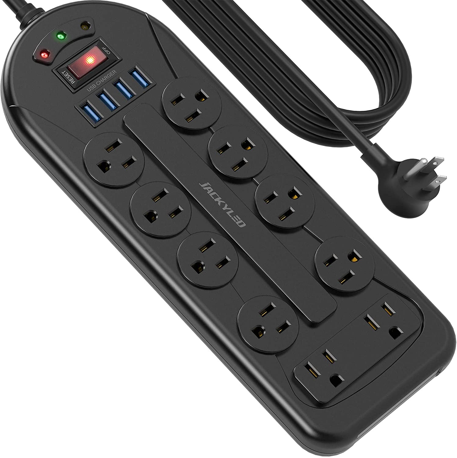 JACKYLED 10 ft Wall Mountable Power Strip 10 AC Outlets and 4 USB