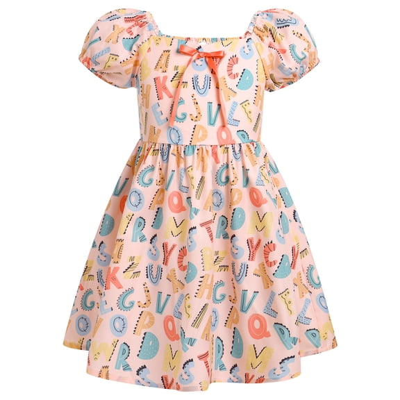 IBTOM CASTLE Toddler Kids Girls Back to School Dress Smocked Dress Pencil Print Kindergarten First Day of School Outfit 7-8 Years Pink Letter