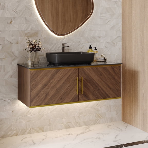 FHKJ HOME 48" Floating Bathroom Vanity with Sink, Black Sintered Stone Top Natural Walnut Cabinet