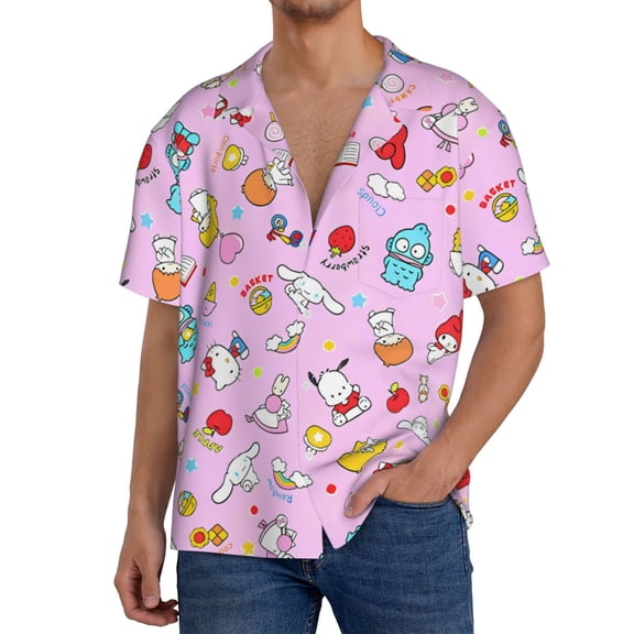 Saiise Sanrio Bw Mens Front Pocket Hawaiian Shirts Casual Floral Shirts Short Sleeve Button Down Beach Tropical Shirts