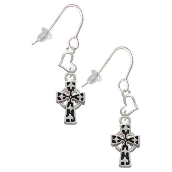 Silvertone Antiqued Celtic Cross Heart French Earrings