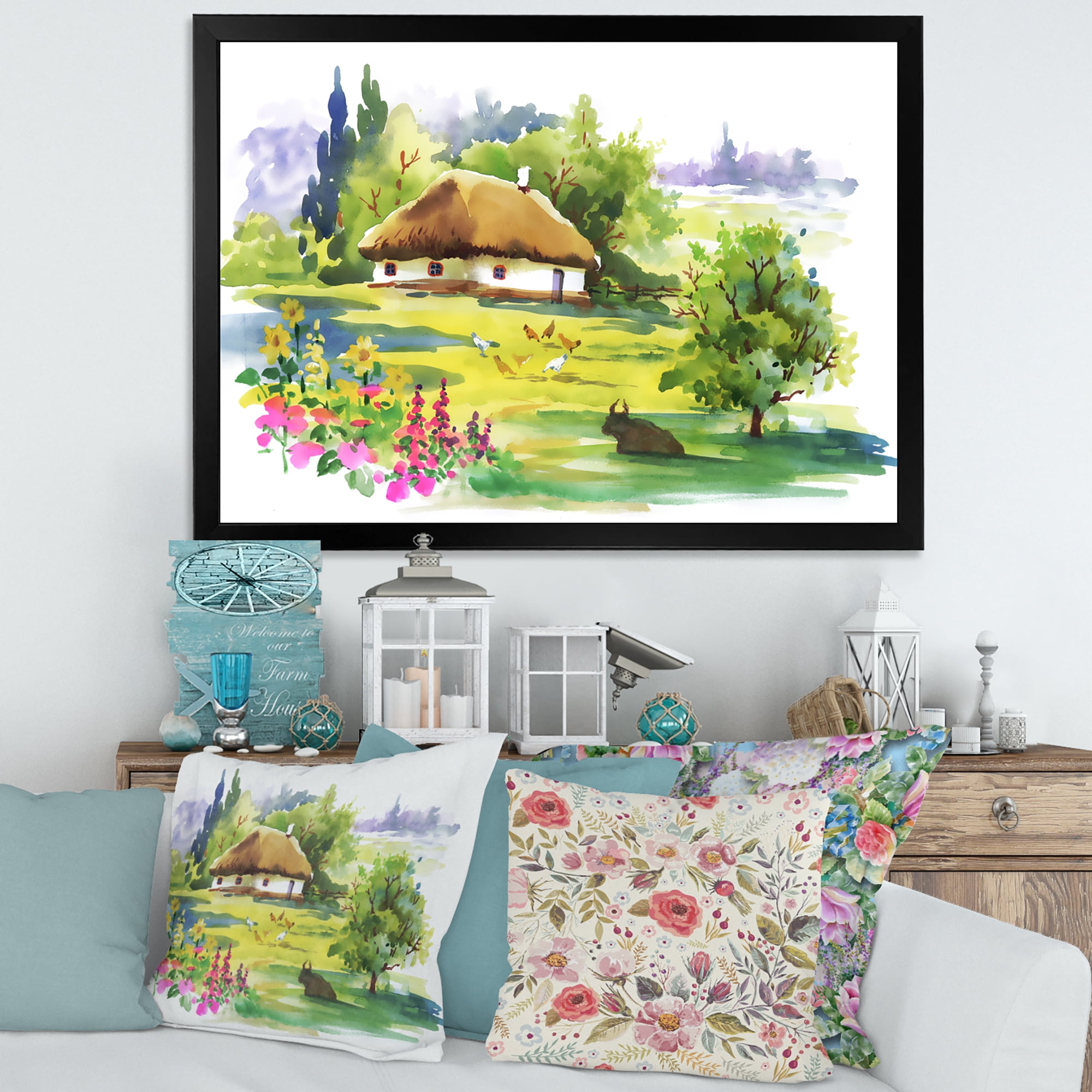 Designart 'Blossoming Greenlands And A Rural House' Traditional Framed Art Print