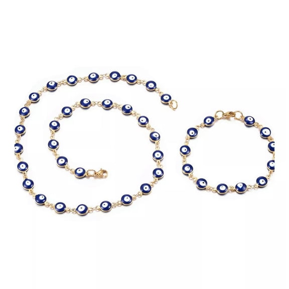 QQTDFG Stainless Steel Set Bracelet Necklace Enamel Evil Eye Blue 19.5" Z753-default