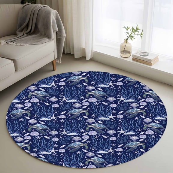 Coastal Turtle Round Rug 3ft Washable Circle Entryway Rugs Non Slip Blue Ocean Starfish Retro Coral Shell Area Rug Indoor Floor Carpet for Bedroom Kitchen Living Room Home Office Dining Room Nursery