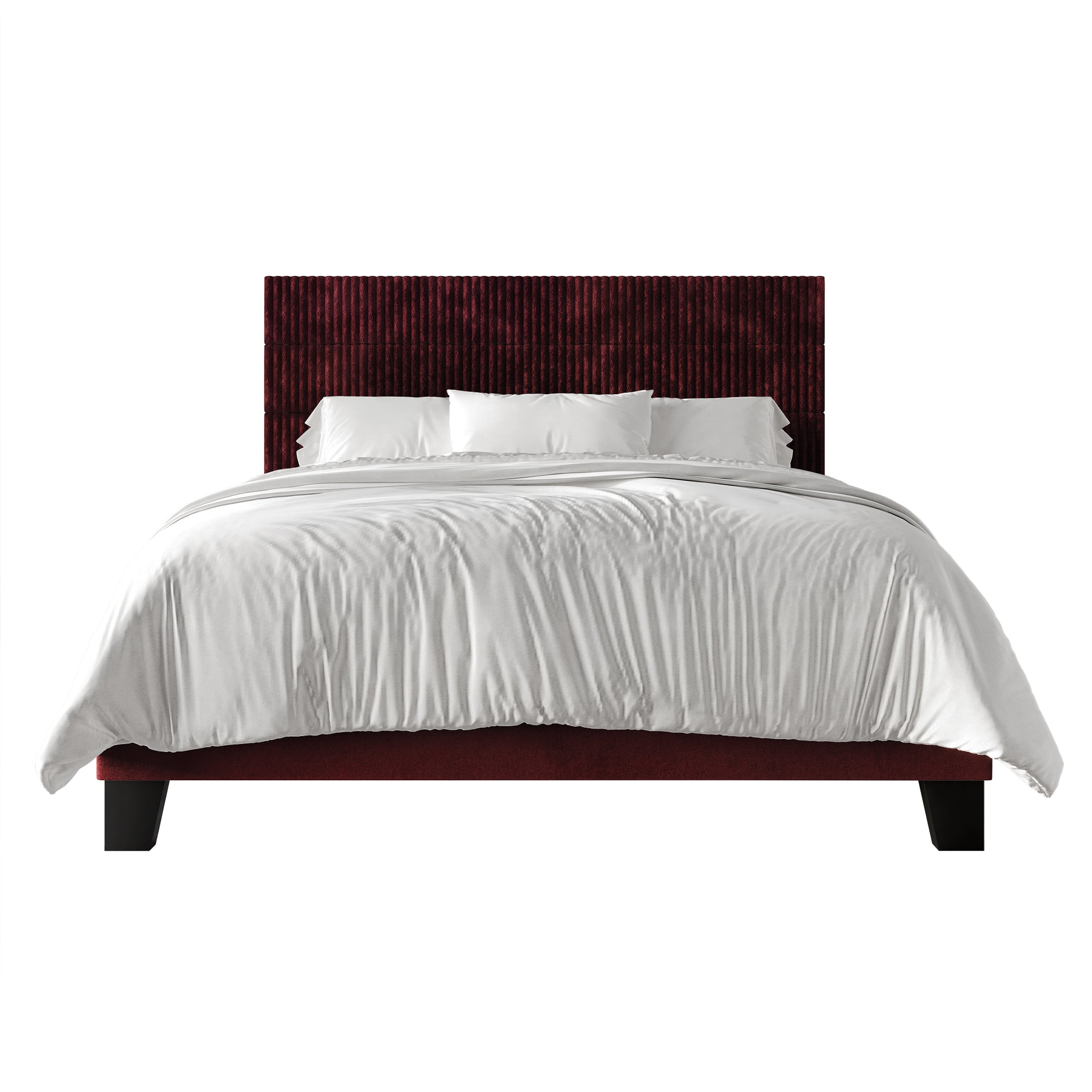 Castle Place Contemporary Corduroy Pleated Velvet Upholstered Queen Platform Bed, Red