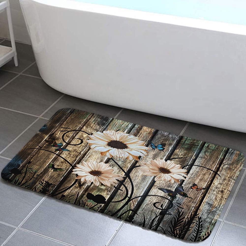 Rustic Farmhouse Floral Bathroom Shower Curtain Set with Toilet Lid Cover and Non-Slip Rugs, Barn Wood Daisy Butterfly Gray Retro 4 Pcs Shower Curtain Set Restroom Decor Accessories with Hooks,72X72in