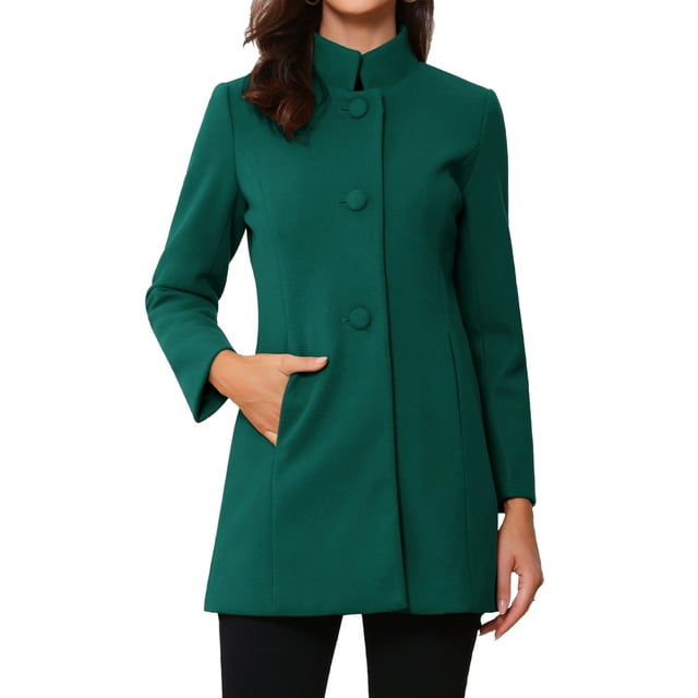 Abrigo de mujer INSPIRE CHIC de longitud media con cuello alto, de un solo botón, abrigo de invierno en verde hoja de pino talla L