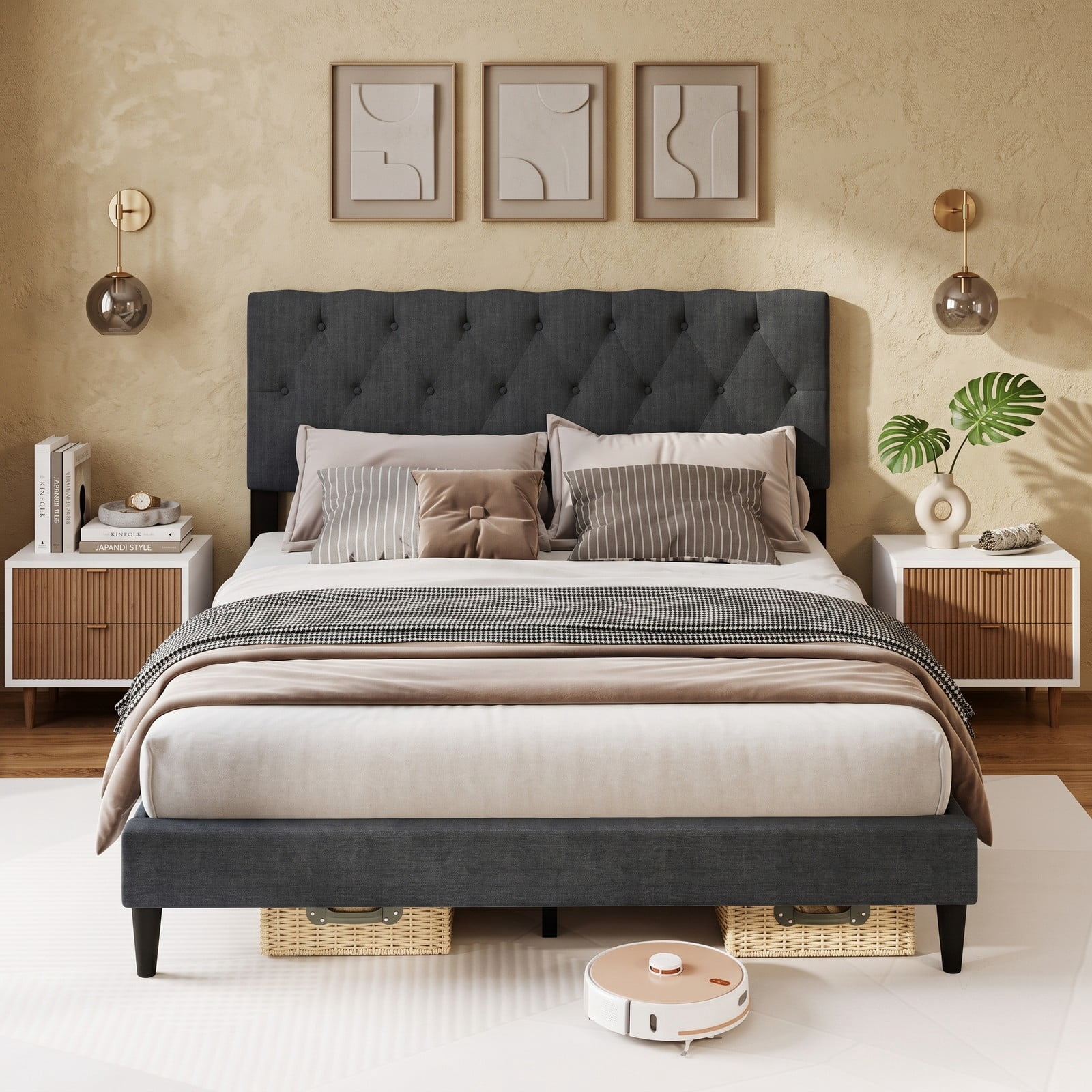 Furnibear Queen Bed Frame, Upholstered Platform Bed Frame with Tufted Wingback Headboard, Queen Bed Frame with Headboard and Slat Support, Gray