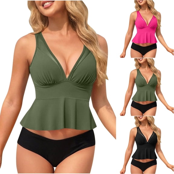 UPPADA Two Piece Tankini Swimsuits for Women Cute V Neck Swimwear with Shorts Tummy Control Bathing Suits Athletic Swimwear Ladies Swimsuits Black Swimsuit for Women,L