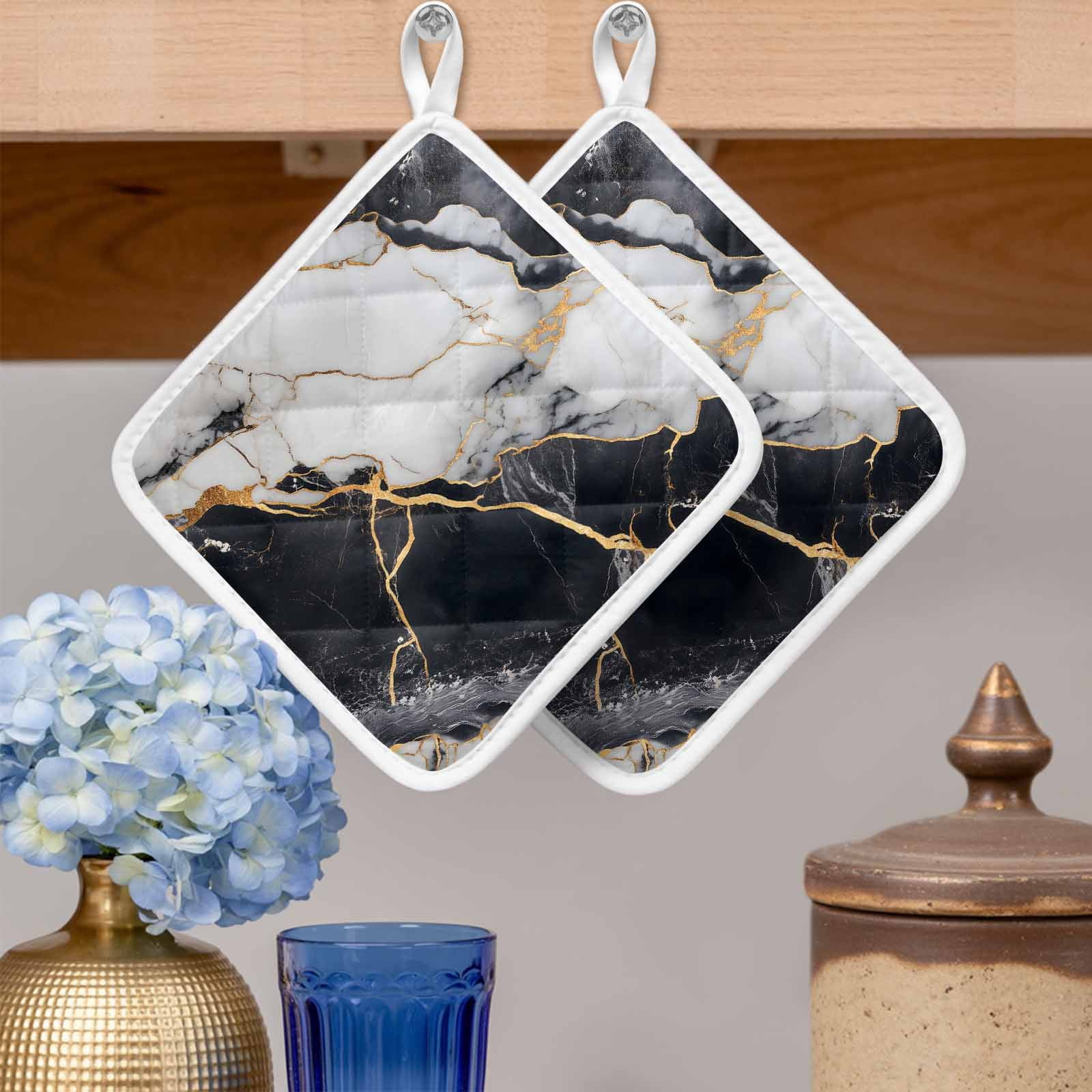 Marble Black Pot Holders for Kitchen Heatproof Potholder, 3 Pack Abstract Gold White Brick Stone Motif Hot Pads Multipurpose Oven Pads Cloth Potholders Trivet for Cooking Baking
