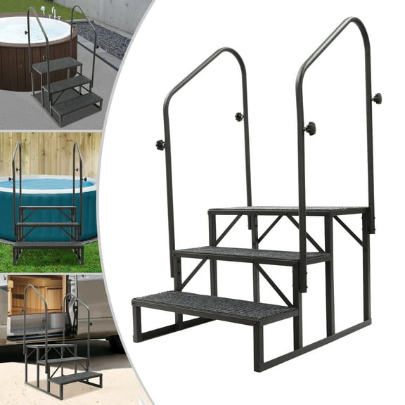 Household 3-Step Ladder RV Trailer Camper Porch Ladder with Double Side Handrails