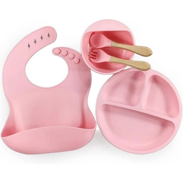 Pink Juego De Destete Para Bebés Placa De Succión De Silicona Tazón De Succión Para Bebés Cuchara Tenedor Y Babero A Juego - Base De Succión Súper Desmontable Juego De Alimentación Para Be
