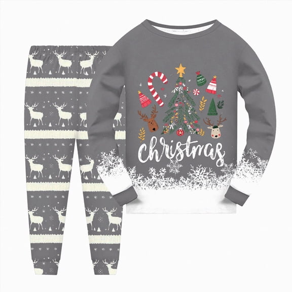 sdbrld Kids Boys Fall Winter Pajamas Christmas Long Sleeve Sleepwear Xmas Clothes and Pj's Pants 2 Piece Outfit Sets Grey Sizes 6-7 Years