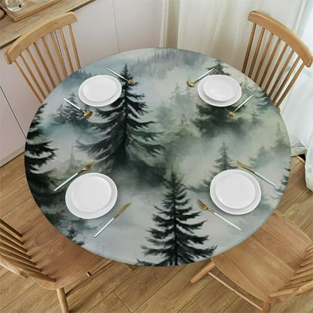 

Patifu Forest Fog Mountain Round Table Cover - Stain Resistant Washable Polyester Tablecloth with Elastic Edge for Indoor Outdoor Kitchen Dining Wedding Parties 42 -46