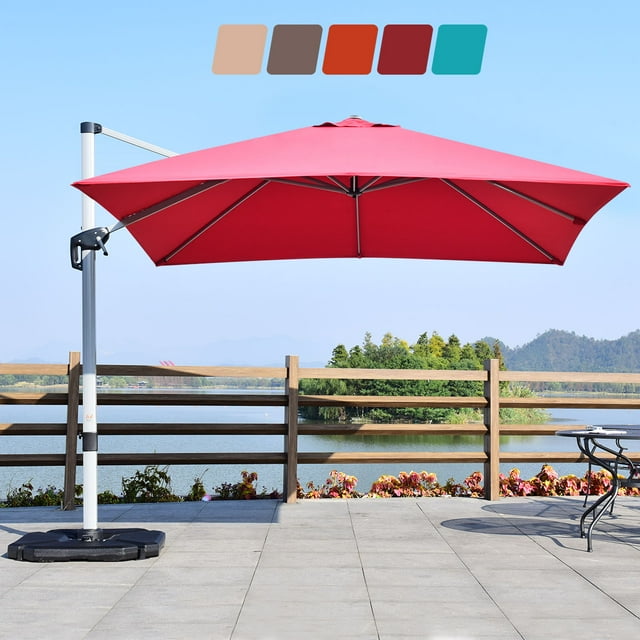 Costway Parasol Déporté de Patio 10 Pieds Inclinaison 360 Degrés Aluminium avec Base Rouge