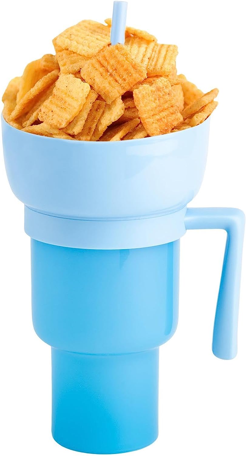 Stadium Tumbler Snack Bowl, 2 In 1 Travel Snack & Drink Cup with Straw