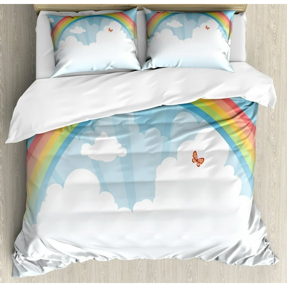 Cloud King Size Duvet Cover Set, Colorful Rainbow Arc in the Sky with a Butterfly on Starburst Stripes Background, Decorative 3 Piece Bedding Set with 2 Pillow Shams, Multicolor, by Ambesonne