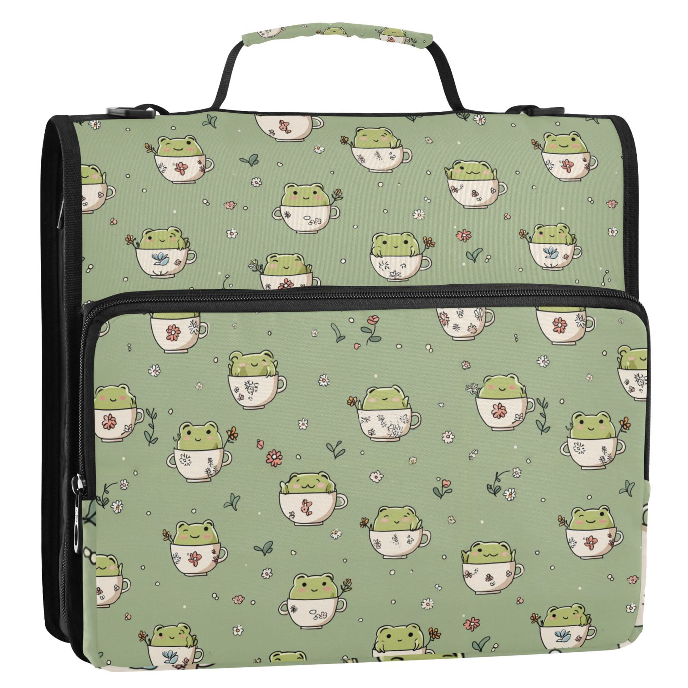 Zipper Binder Cute Frog with Flowers 1.5 Inch Binder Folder Bag with Shoulder Strap and Handle
